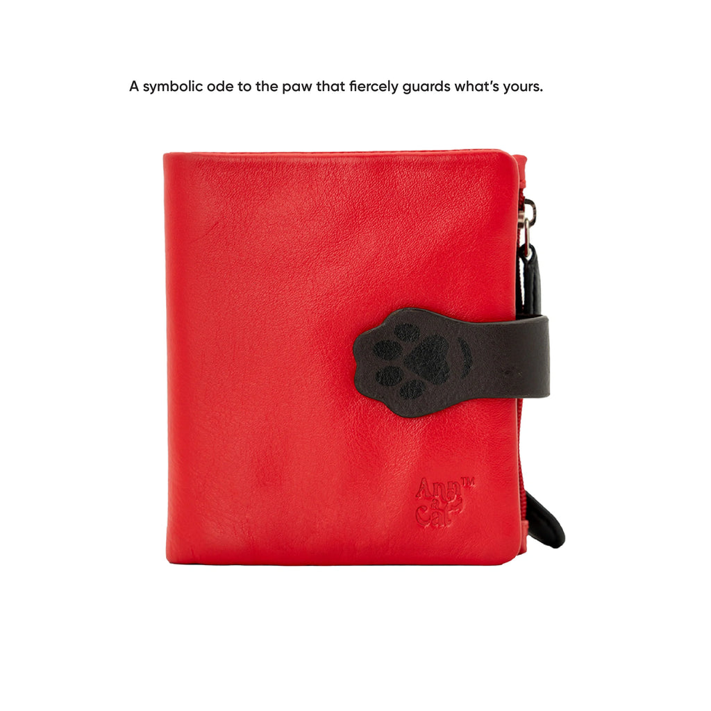 Paw Keeper red cat wallet — front view with paw loop